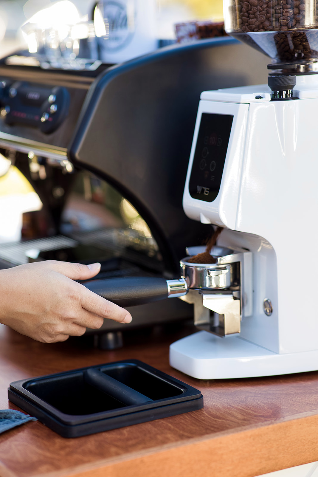 Fresh espresso being ground at Run Wild Coffee